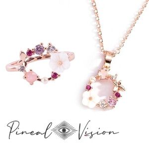 Pineal Vision Whimsical Rose Gold Butterfly Pink Necklace And Ring Set Size 7